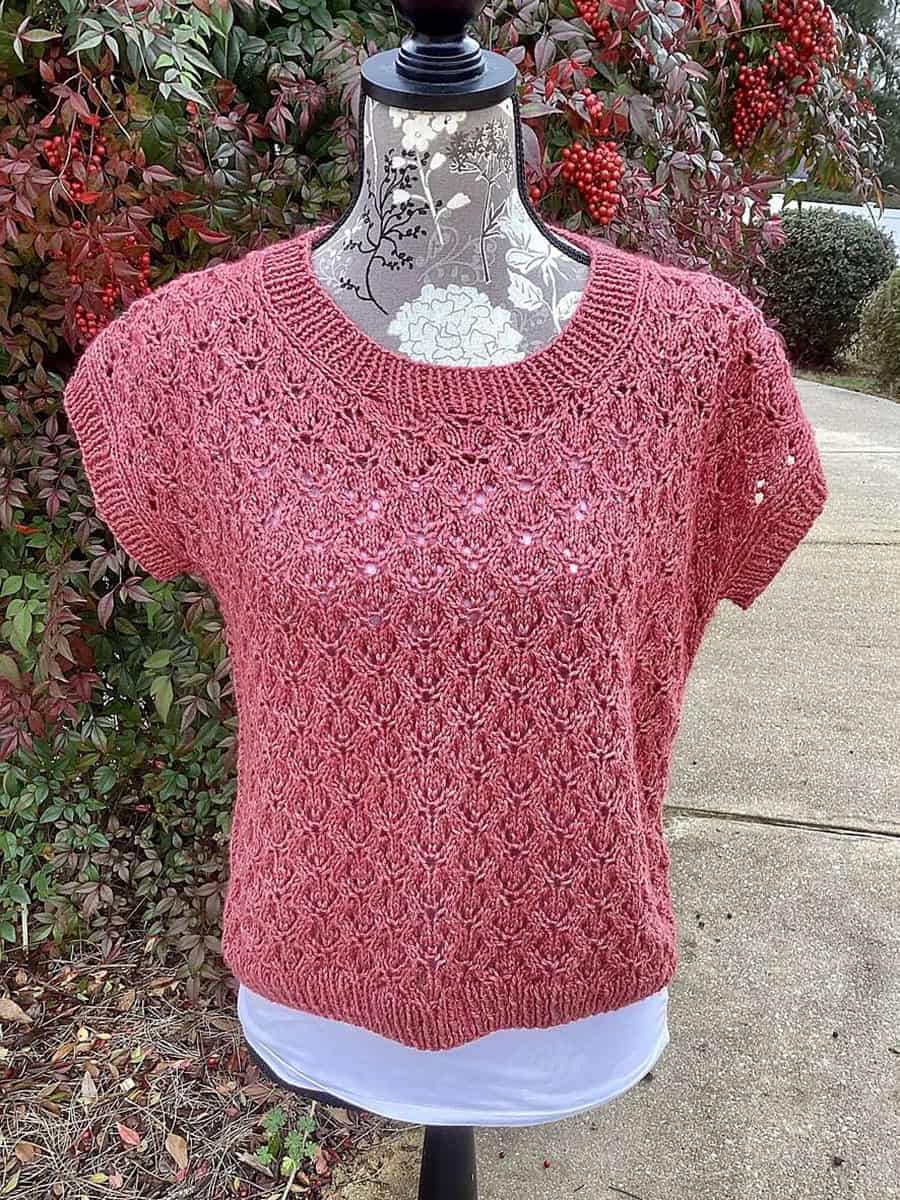 A short-sleeve, dusty rose lace knit sweater is displayed on a dress form outdoors, with red-berried bushes and a sidewalk in the background. The sweater features a textured, intricate pattern.