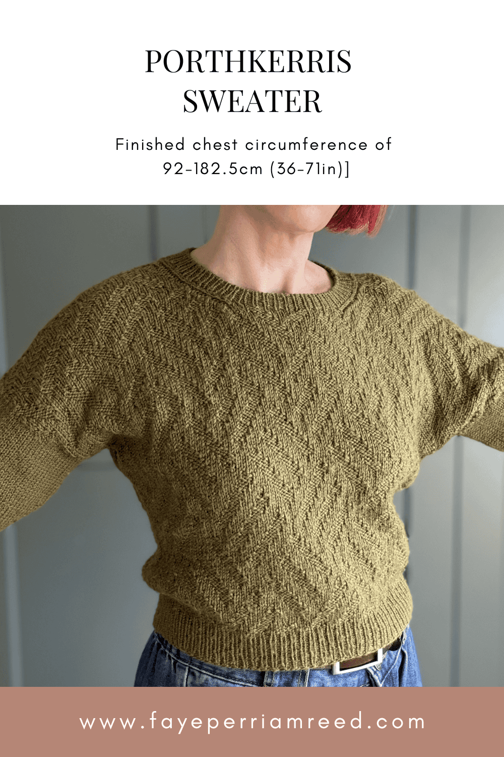 A person wearing a textured, olive-green knitted jumper with their arms outstretched. Text above reads “Porthkerris Jumper” with sizing details. Website www.fayeperriamreed.com appears at the bottom.
